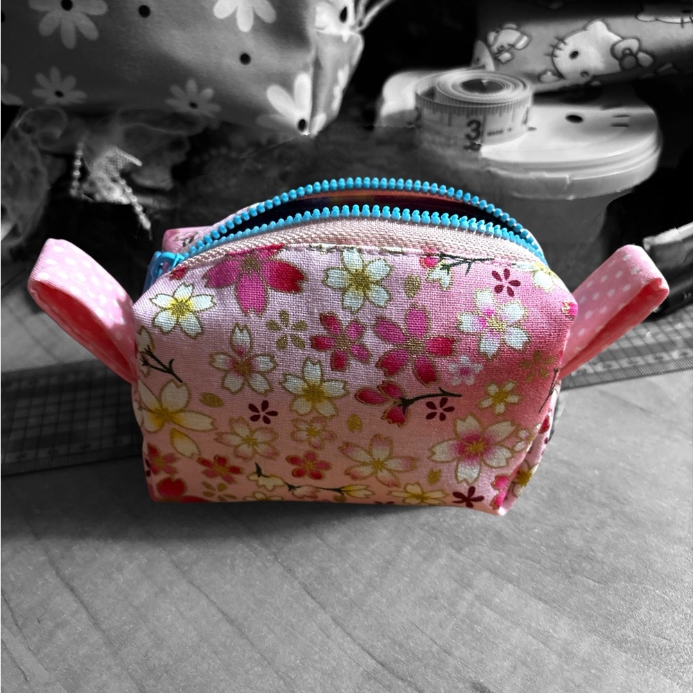 Floral Pink Key & Card Holder with Blue Zipper Handmade